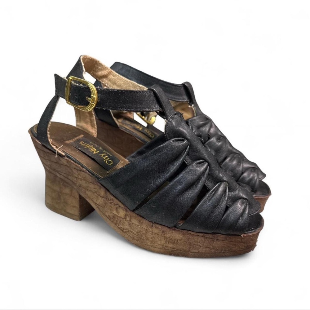 Vintage City Nights Black Leather Platform Sandal Clogs Gold Buckle Size‎ 6 est.
